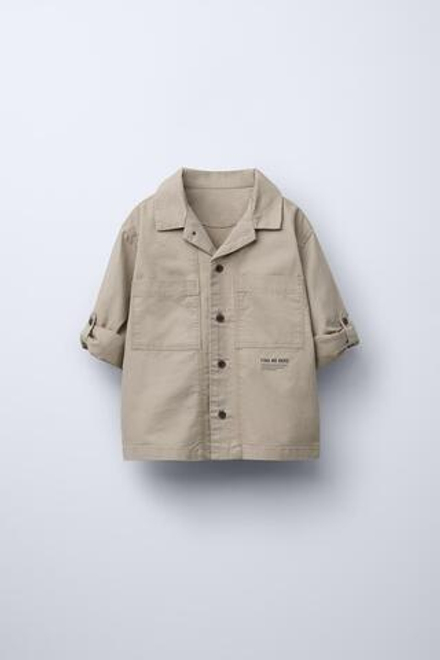 ZARA РУБАШКА С КАРМАНАМИ И НАДПИСЬЮ, СВЕТЛО-БЕЖЕВЫЙ