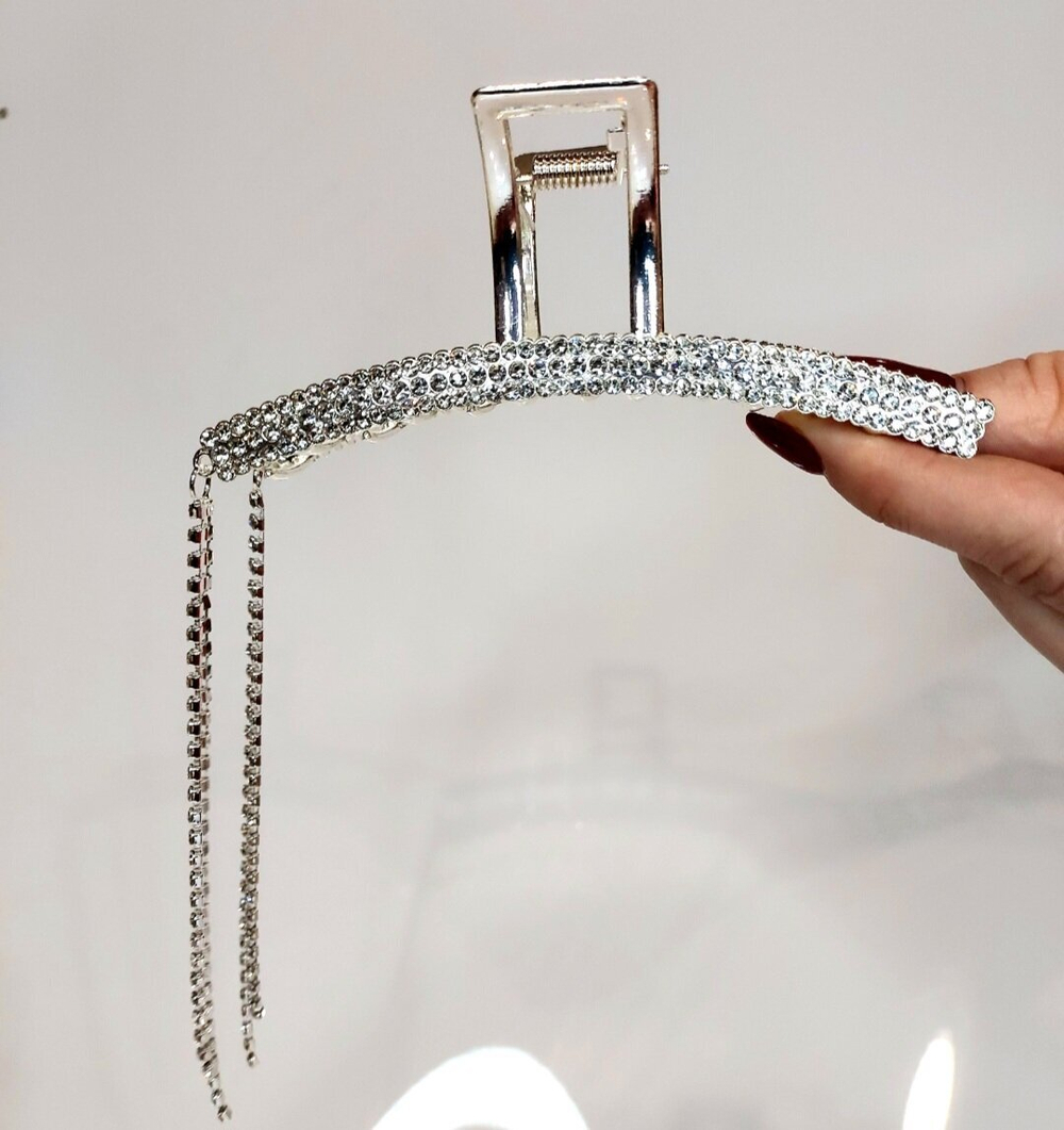 Заколка для волос краб "Квадратная дуга", металл, стразы, кисточки