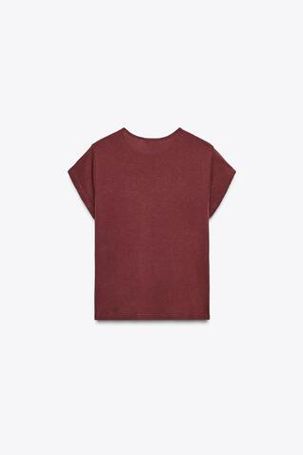 ZARA ФУТБОЛКА В СТИЛЕ РУСТИК С КОРОТКИМИ РУКАВАМИ, ВИННЫЙ