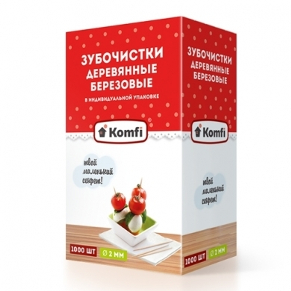Зубочистки березовые Komfi в индив.упак 1000шт/уп