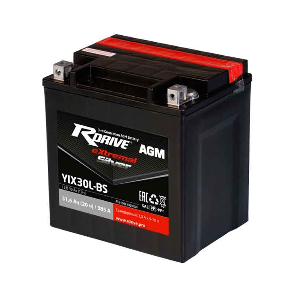 Аккумулятор для мототехники RDRIVE eXtremal Silver 30Ач R+ ССА 385А 165х125х175 YIX30L-BS