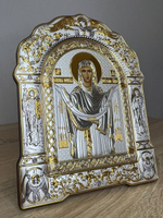 Покрова БМ, икона арочная с рамкой, красное дерево 266х335