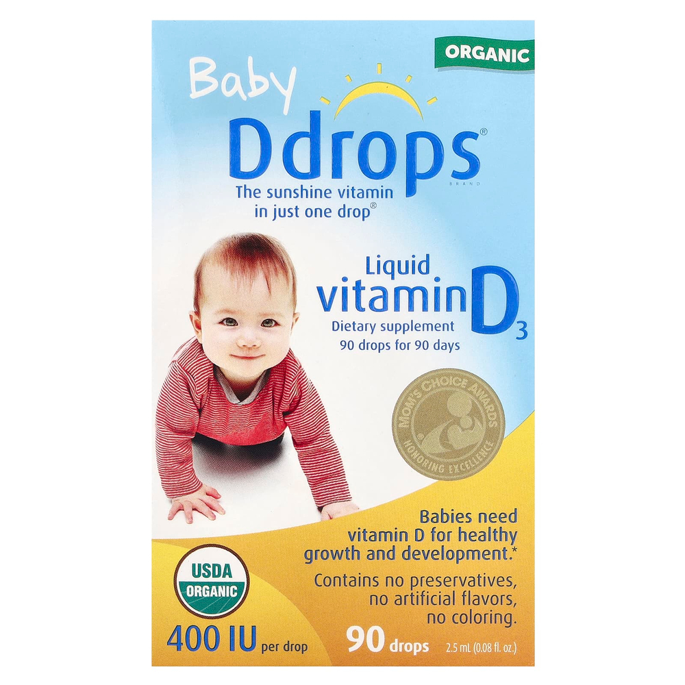Ddrops, Baby, органический жидкий витамин D3, 400 МЕ, 90 капель, 2,5 мл (0,08 жидк. унции)