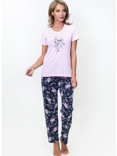 Домашний комплект с прямыми принтованными брюками (Размер: XL) (Цвет: серый с синим)