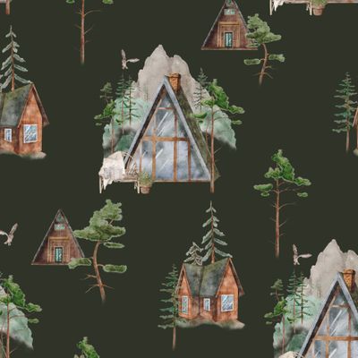 Домик в лесу зеленый фон