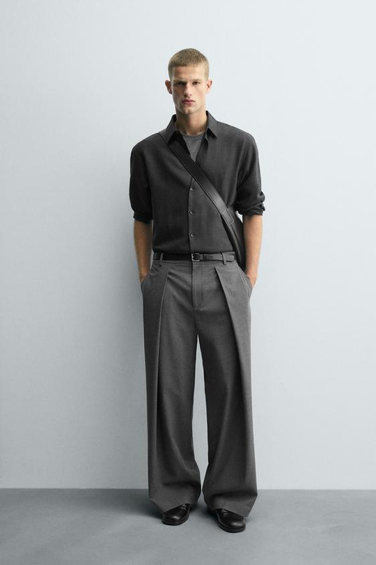 ZARA БРЮКИ WIDE FIT СО СКЛАДКАМИ, СЕРЫЙ