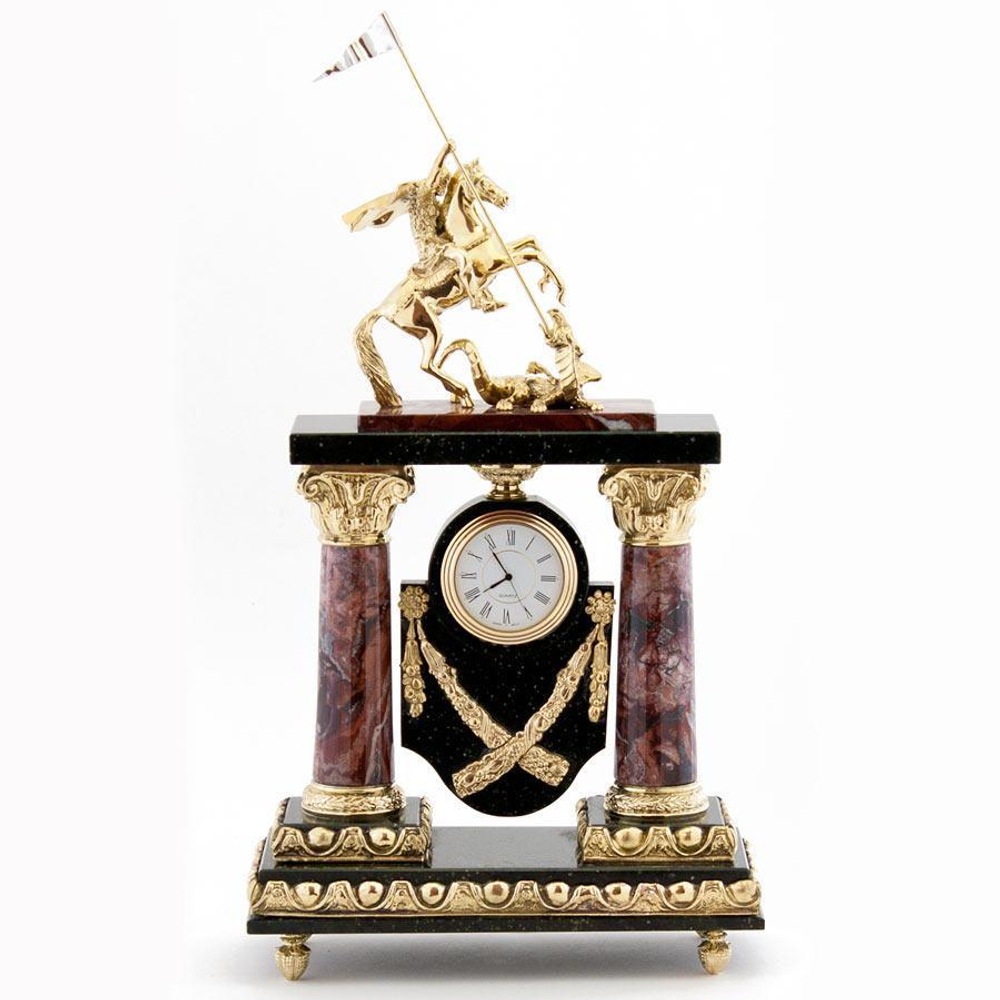 Каминные часы "Георгий Победоносец" камень креноид, змеевик 210х95х340 мм 4200 гр.  R113587