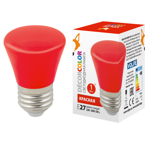LED-D45-1W/RED/E27/FR/С BELL Лампа декоративная светодиодная. Форма Колокольчик, матовая. Цвет красный. Картон. ТМ Volpe.