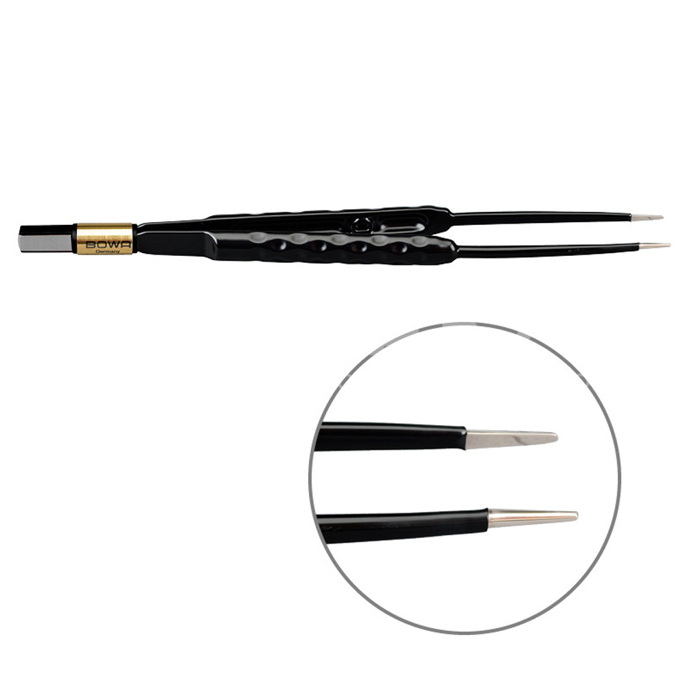Пинцет биполярный прямой антипригарный BOWA NON-Stick-Gold сферическая рукоятка, длина 180 мм, наконечники прямые 1 мм, разъем евростандарт