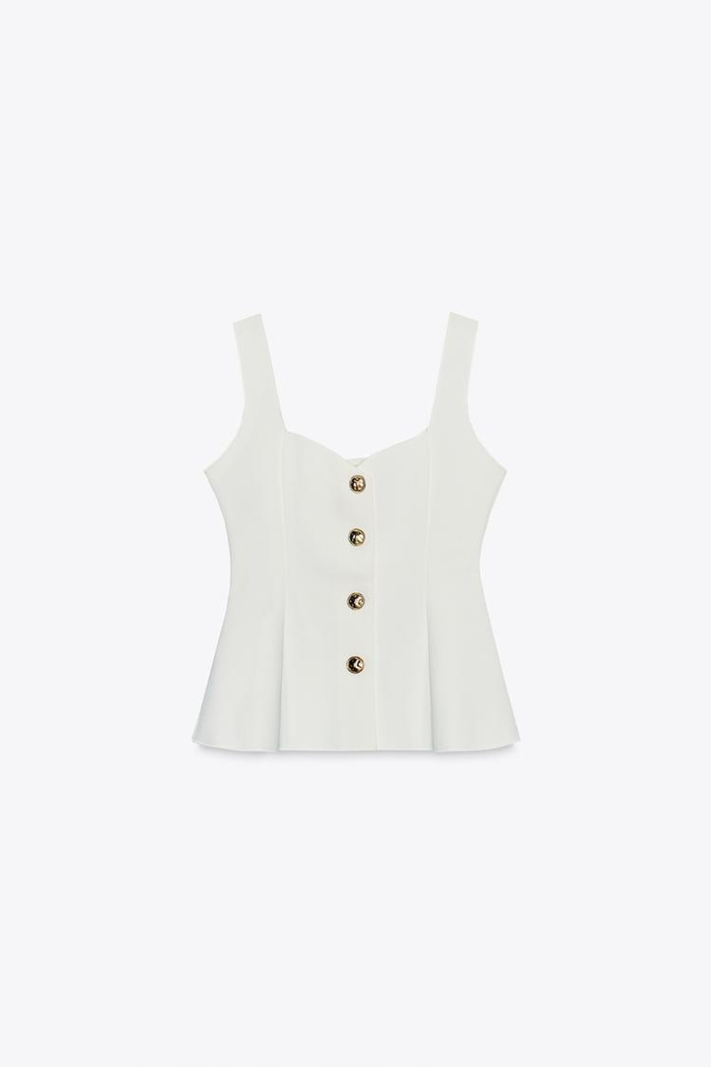 ZARA ЭЛАСТИЧНЫЙ ТОП-ЖИЛЕТ С БАСКОЙ, ЖЕЛТОВАТО-БЕЛЫЙ