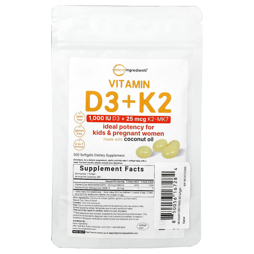 Micro Ingredients, витамины D3 и K2, 300 мягких таблеток