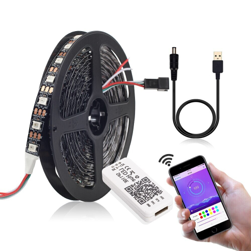 Светодиодная лента с чипом WS2812B, 60led/RGB, IP30, DC5V, 5м,SP110E Bluetooth контроллер