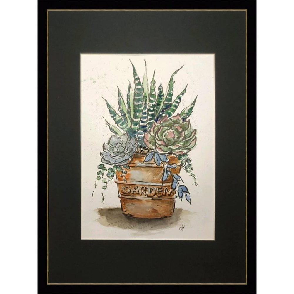 Картина авторская акварельная в паспарту 21х30 см на стену для интерьера "Суккуленты в горшке"