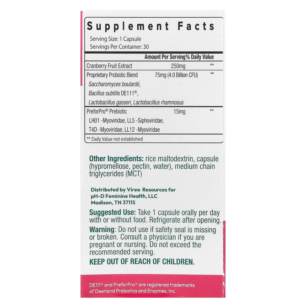 pH-D Feminine Health, пробиотик и пребиотики с клюквой для женщин, 30 капсул