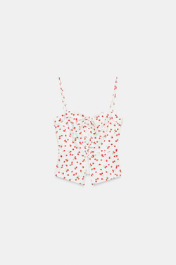 ZARA КОРСЕТНЫЙ ТОП С ПРИНТОМ КЛУБНИКА, БЕЛЫЙ/КРАСНЫЙ