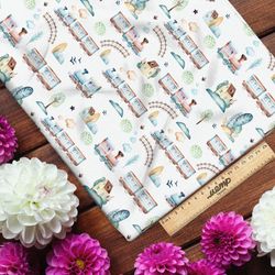Ткань габардин акварельные паровозики
