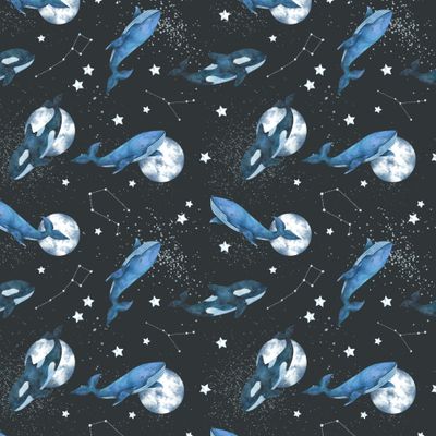 Киты, касатки, космос на черном фоне