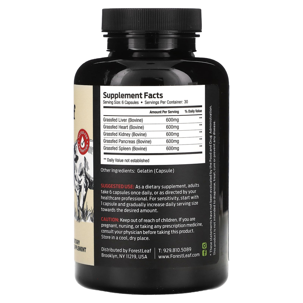 Forest Leaf, говяжьи органы травяного откорма, 180 капсул