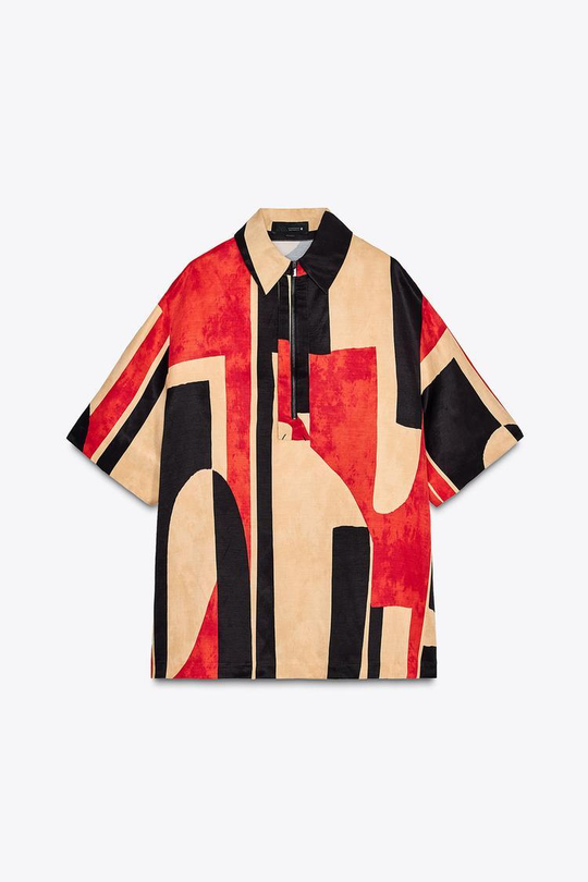 ZARA РУБАШКА ИЗ ТКАНИ С ПРИНТОМ — ZW COLLECTION, КРАСНЫЙ/ЧЕРНЫЙ