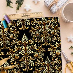 Ткань премиум шелк искусственный Армани золотой орнамент на черном