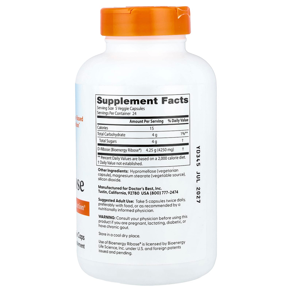 Doctor's Best, D-рибоза, 120 растительных капсул (850 мг в 1 капсуле)