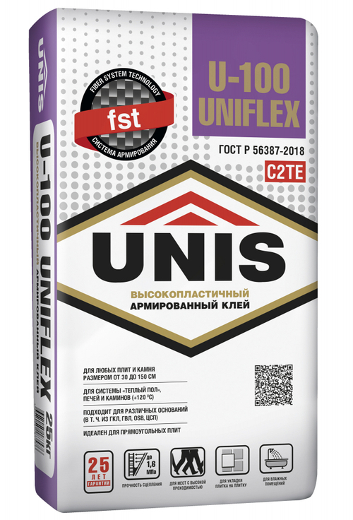 Клей UNIS U-100 UNIFLEX С2ТЕ высокопластичный для керамогранита крупного формата 25 кг