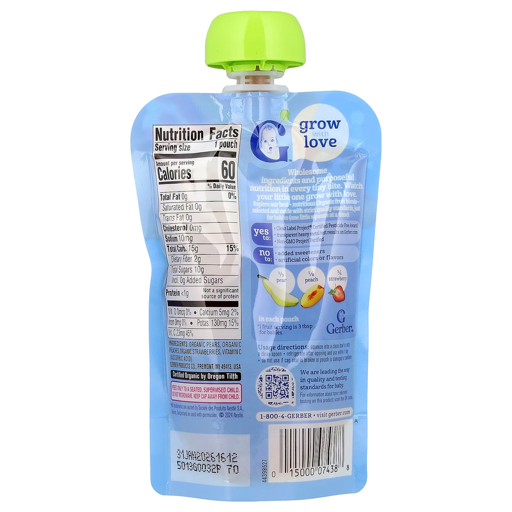 Gerber, Органическое пюре, 2nd Foods®, груша, персик, клубника, 99 г (3,5 унции)