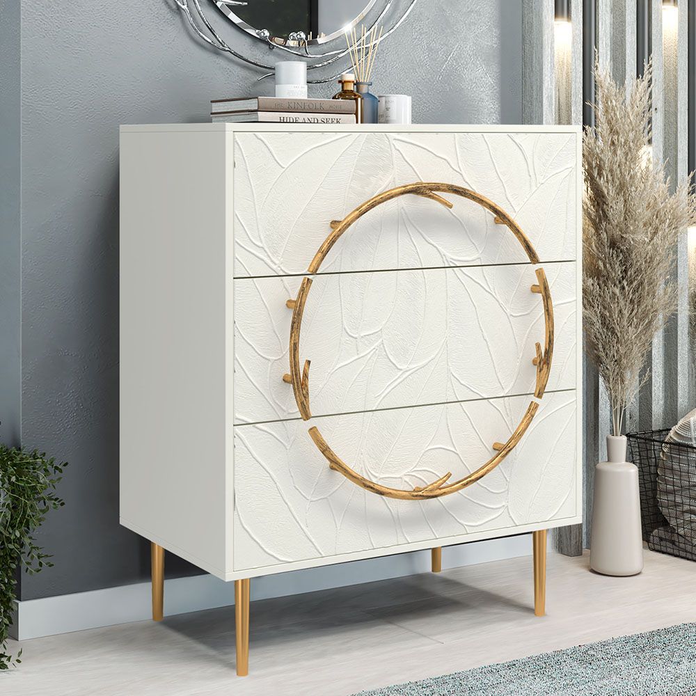 Комод Арт Колор leaves Стайл Голд с 3 ящиками Белый опал
