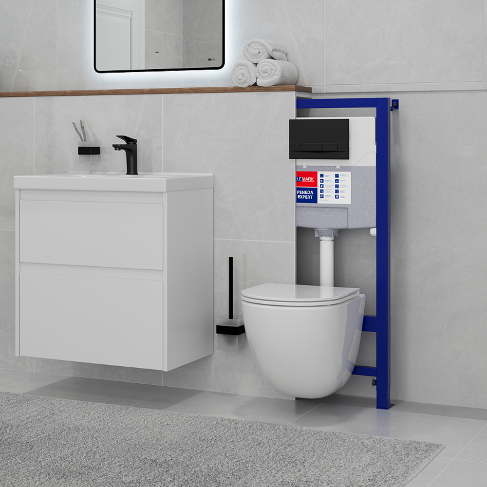 Комплект унитаза с инсталляцией Lemark Florex 100124422 с сиденьем Микролифт и Белой глянцевой клавишей смыва