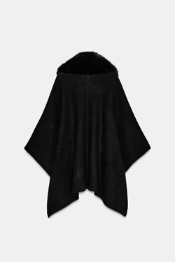 ZARA ТРИКОТАЖНАЯ НАКИДКА С МЕХОВЫМ ВОРОТНИКОМ, ЧЕРНЫЙ