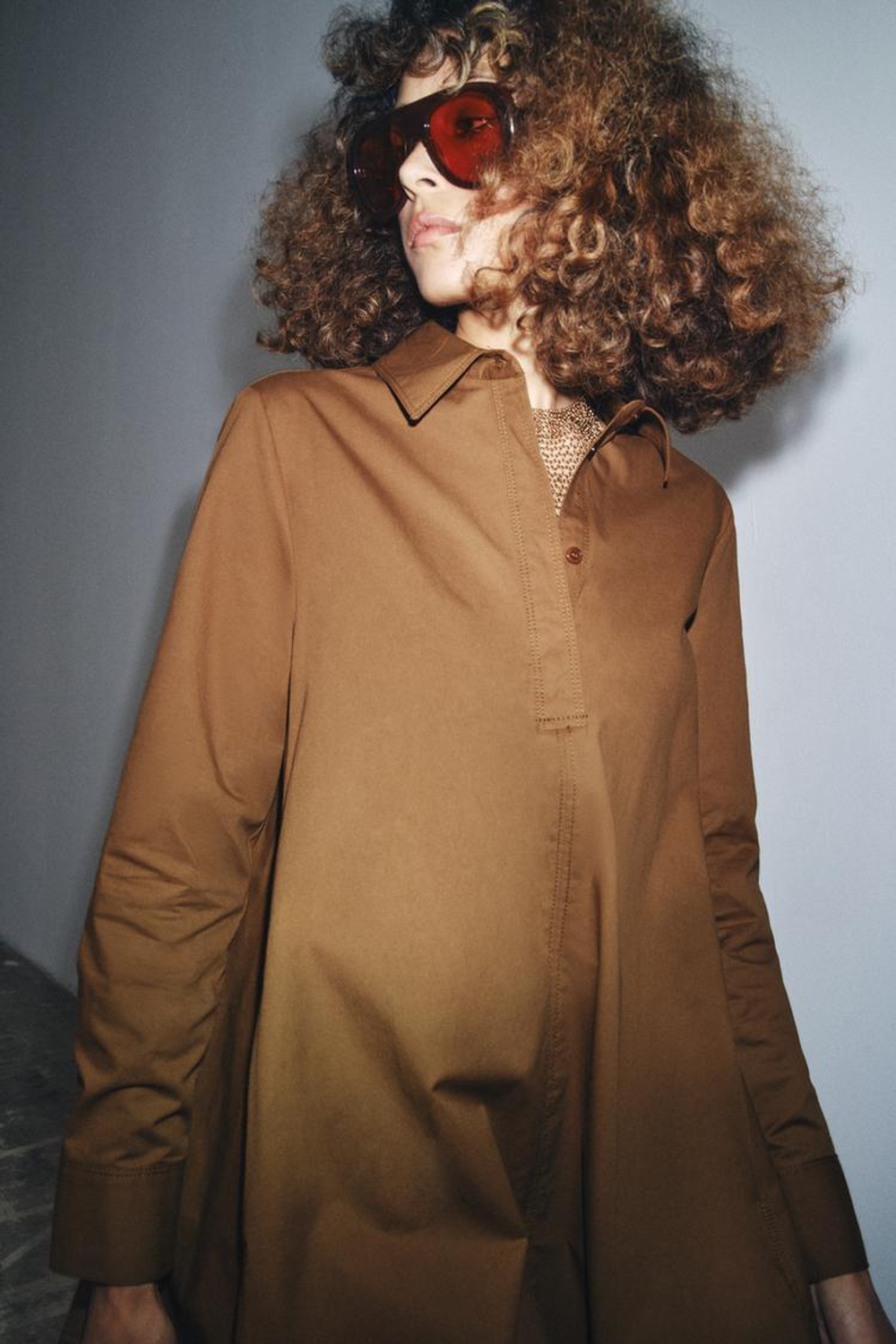 ZARA ПЛАТЬЕ-РУБАШКА ИЗ ПОПЛИНА — ZW COLLECTION, РЫЖЕВАТО-КОРИЧНЕВЫЙ МЕЛАНЖ