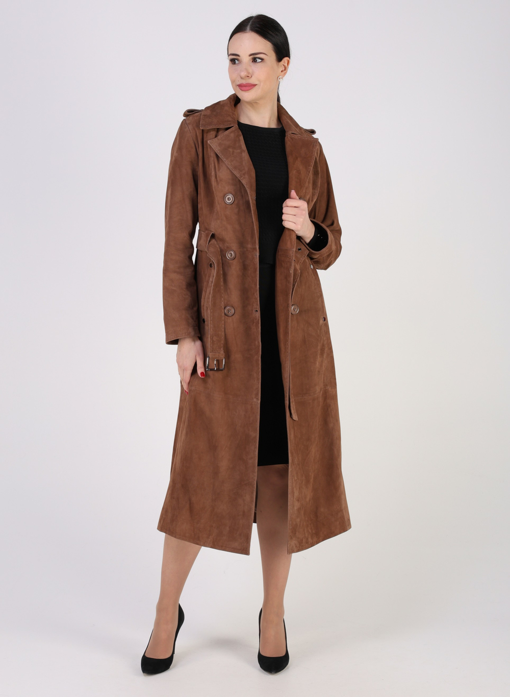 Тренч длинный кожаный с поясом плащ замшевый