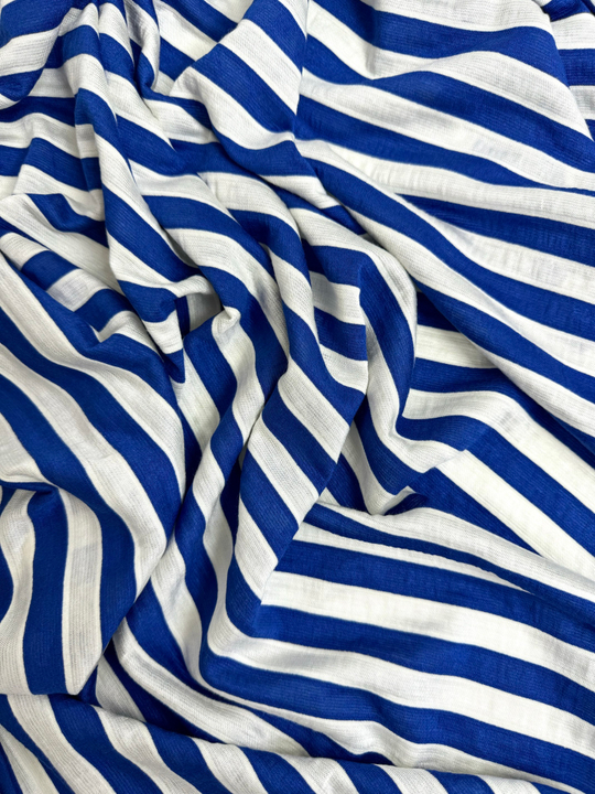 Трикотаж вискоза принт полоска молочный/василек VT#45