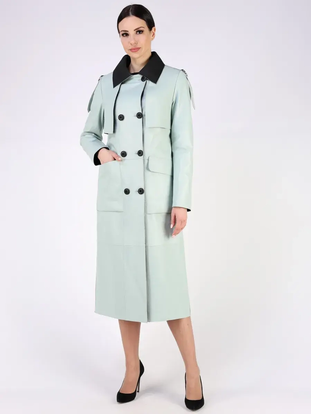 Кожаный тренч длинный с поясом плащ на осень