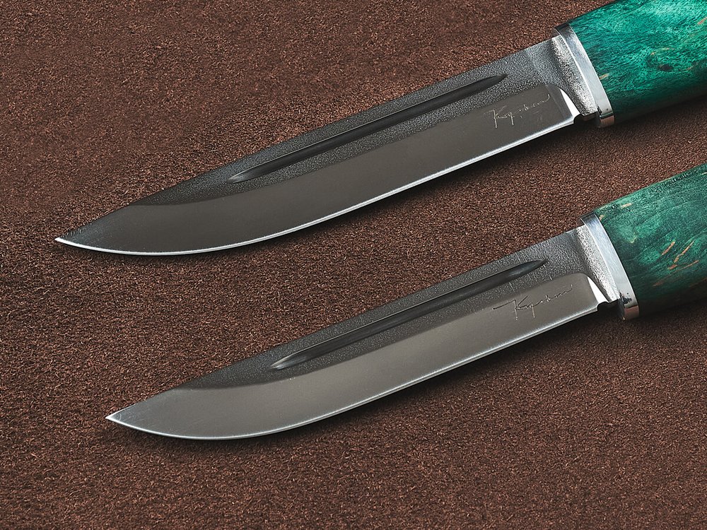 Спарка Финских ножей, сталь Х12МФ, рукоять зеленая стабилизированная карельская береза