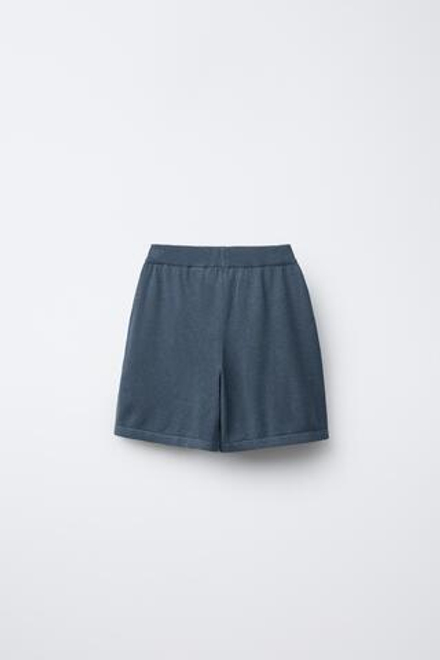 ZARA ТРИКОТАЖНЫЕ ШОРТЫ ИЗ СМЕСОВОГО ЛЬНА, ЗЕЛЕНОВАТО-СИНИЙ