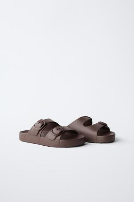 ZARA РЕЗИНОВЫЕ ТАПОЧКИ С ПРЯЖКАМИ, КОРИЧНЕВЫЙ