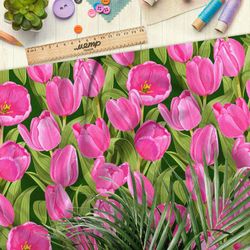 Ткань кулирная гладь насыщенные розовые тюльпаны на зелёном фоне