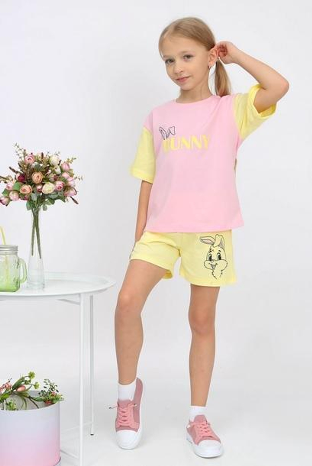 Костюм (футболка+шорты) для девочек "Банни-1" р.128, Розовый (Ивашка), 1 шт.