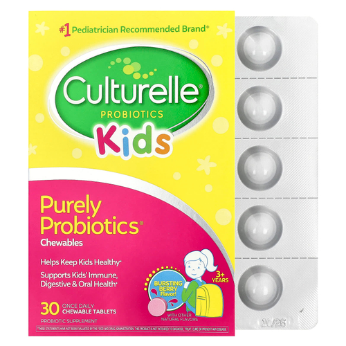 Culturelle, Kids, Purely Probiotics®, чистые пробиотики, для детей старше 3 лет, интенсивный ягодный вкус, 30 жевательных таблеток (25 мг в 1 таблетке)