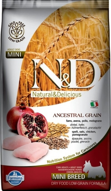 Сухой корм Farmina N&D Mini Breed низкозерновой, для взрослых собак мини пород, курица, спельта, овес и гранат 2,5 кг