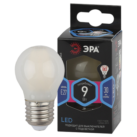 Лампа светодиодная ЭРА F-LED P45-9W-840-E27 frost 9Вт филамент шар матовый нейтральный белый свет Е27
