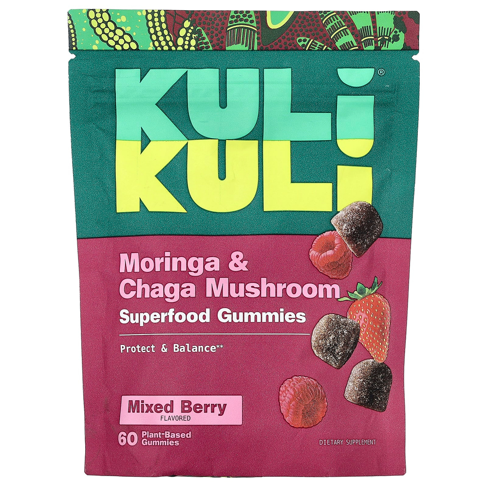 Kuli Kuli, жевательные таблетки с суперфудами, моринга и чага, вкус ягодного ассорти, 60 жевательных таблеток на растительной основе
