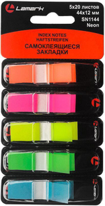 Закладки с липким краем, 5 цветов неон по 20 л., 44х12 мм, пластиковые (Lamark)