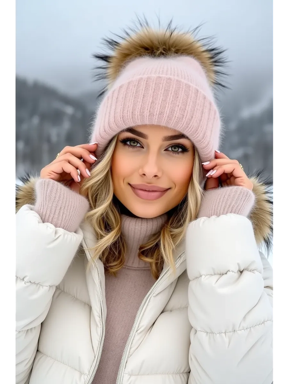 шапка ангора с меховым помпоном зимняя пушистая стильная