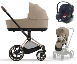 Коляска 3 в 1 Cybex Priam IV Rosegold complete и автокресло Aton B2 i-Size Bay Blue Cozy Beige