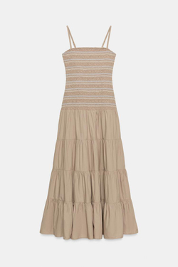 ZARA ПЛАТЬЕ МИДИ С ВЫШИВКОЙ И ЭФФЕКТОМ ЖАТКИ, ТЕМНО-БЕЖЕВЫЙ