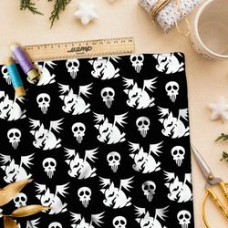 Ткань шелк Армани недовольные драконы и черепа на чёрном фоне