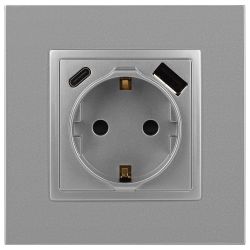 Розетка ЭРА Elegance 14-4108-03 2P+E 16A-250В со шторками с USB type-A+C 5В-3А алюминий | Розетки и выключатели