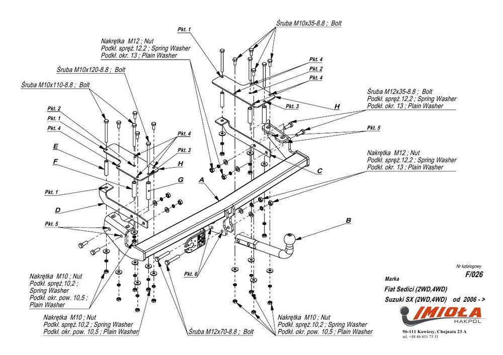 Фаркоп IMIOLA F.026 для Suzuki SX4 2WD/4WD 2006-2013, FIAT Sedici 2006-2014(паспорт и сертификат в комплекте)(без электрики)